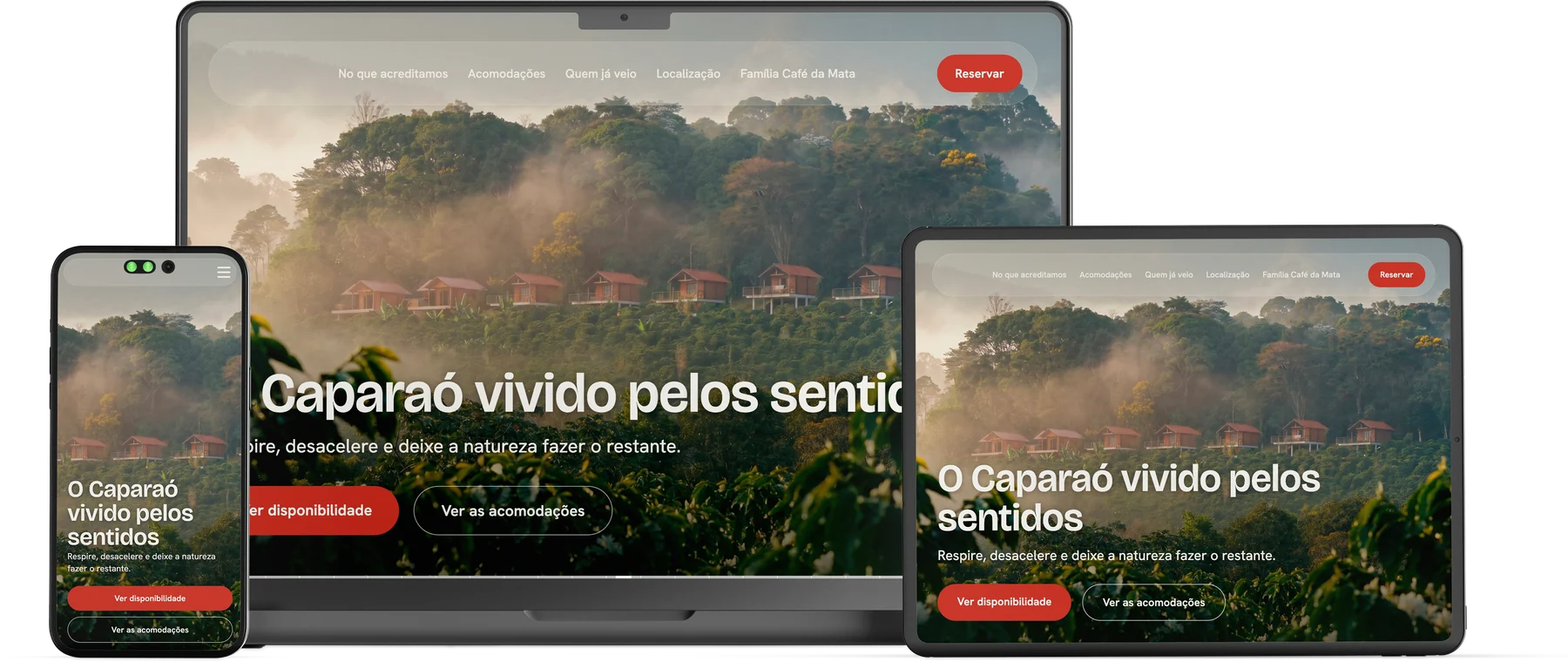 Mockup responsivo do site Café da Mata em laptop, tablet e celular, mostrando a hero
