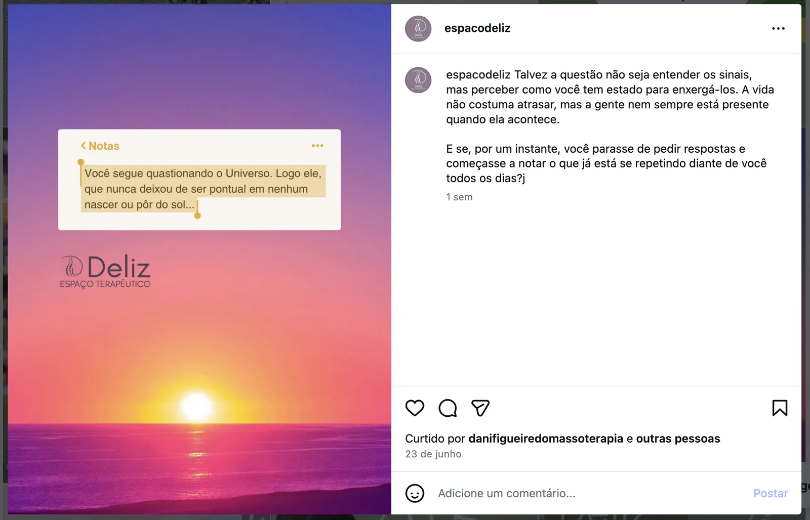 Post do feed antigo da Deliz sobre uma das terapias oferecidas