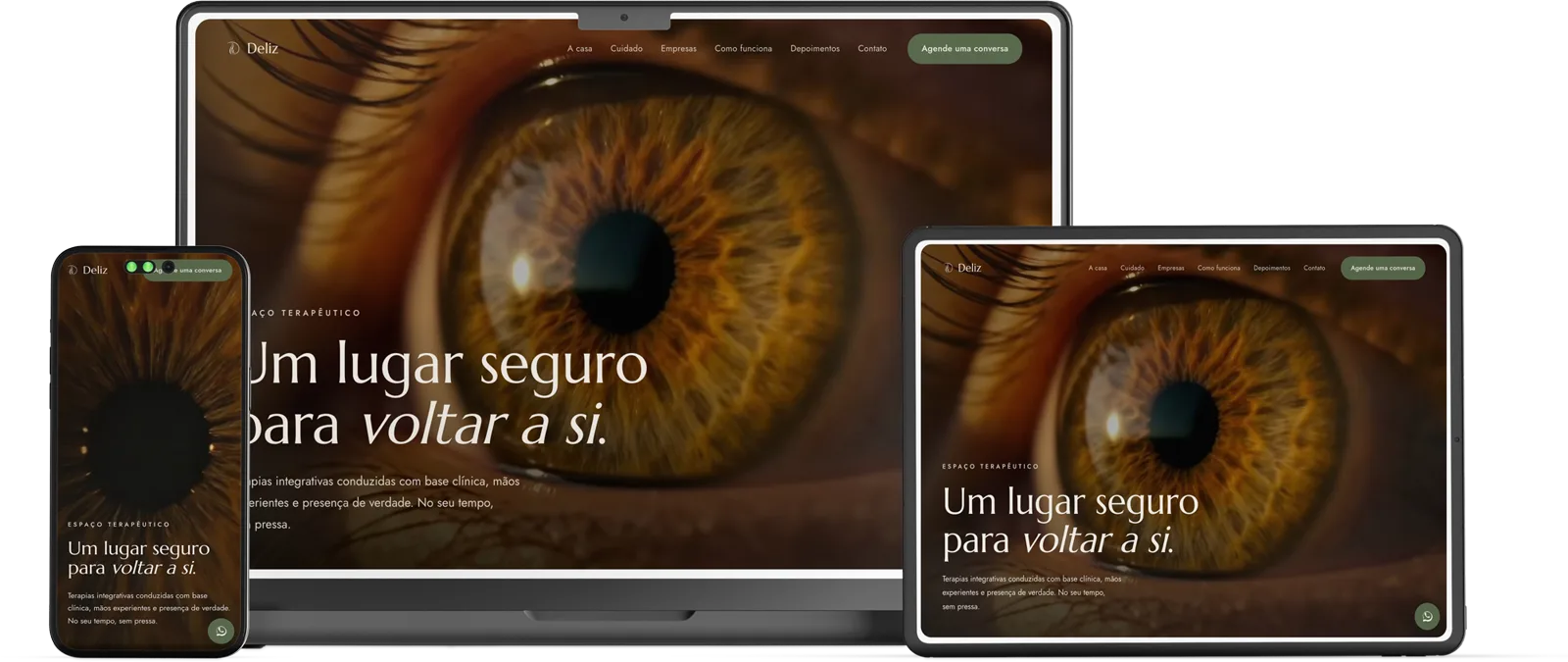 O site da Deliz em três telas, notebook, tablet e celular, todas com a hero de 2026