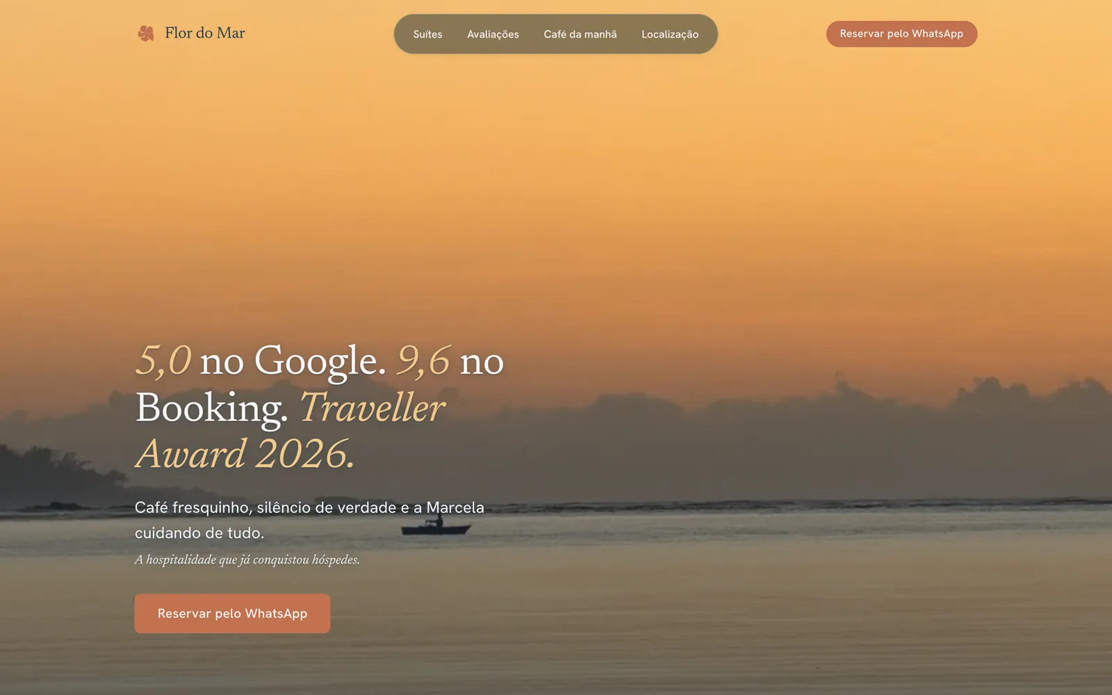 Site Flor do Mar — hero com pôr do sol, notas e CTA