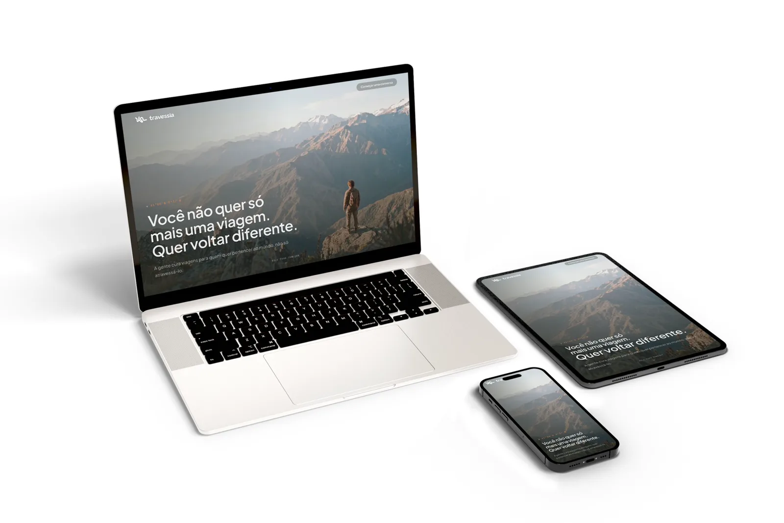 Site Travessia em notebook, tablet e celular: o mesmo hero adaptado a cada tela